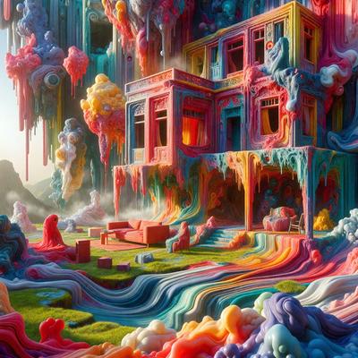 The primary subject of the image is a large, colorful building with a vibrant and whimsical appearance. The building is adorned with various colors and patterns, giving it a unique and eye-catching look. The setting is a grassy area, which adds to the overall atmosphere of the scene. The visual style of the image is a combination of digital art and illustration, creating a surreal and imaginative environment. The colors and mood of the image are predominantly bright and cheerful, with a sense of playfulness and creativity.